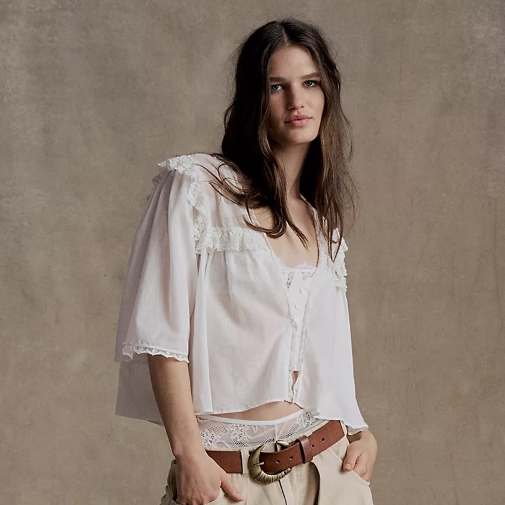 Free People Sheer White Lace-Trim Button Front Blouse - Picture 6 of 12
